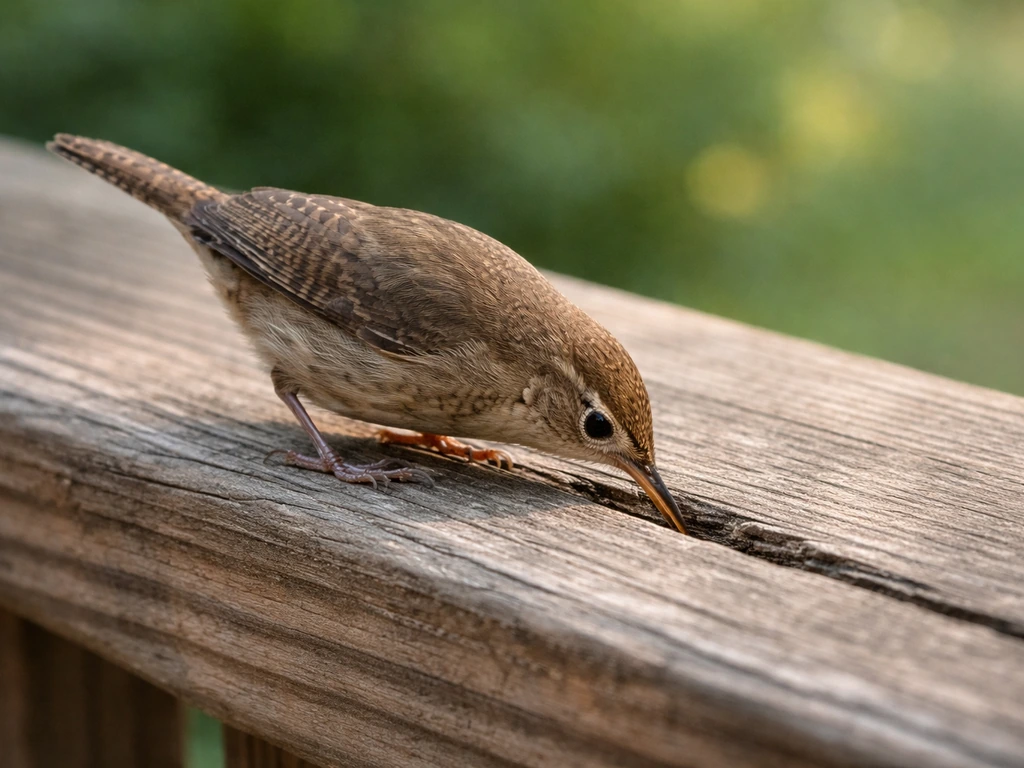 A house wren foraging on a porch rail, probing for small invertebrates in natural light.