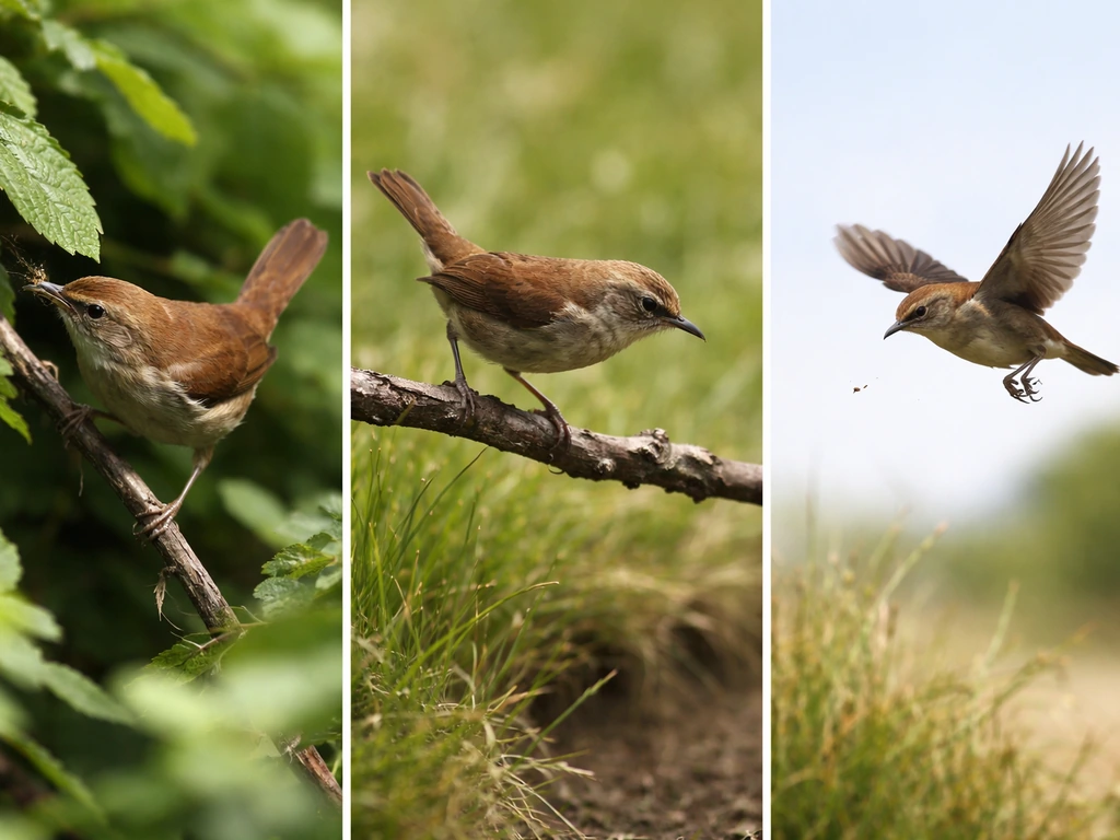 Triptych of a small bird gleaning in foliage, scanning from a perch, and hawking spiders in the air.
