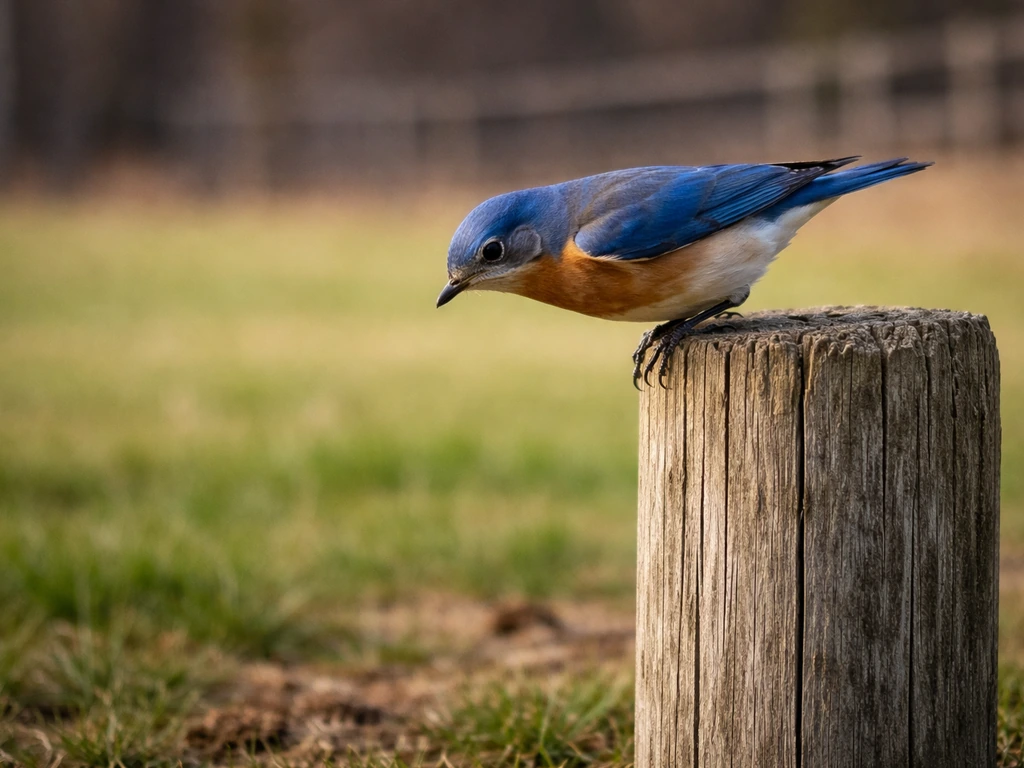 Eastern Bluebird perched on a fence post above grass, poised for a spot-and-drop hunt.